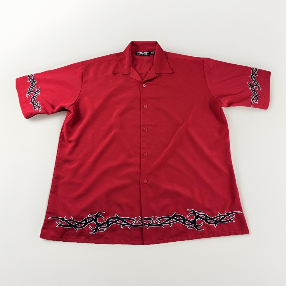 Dragonfly Shirt Mens XL Red Tribal Rockabilly Lounge Y2K Embroidered Loop Collar